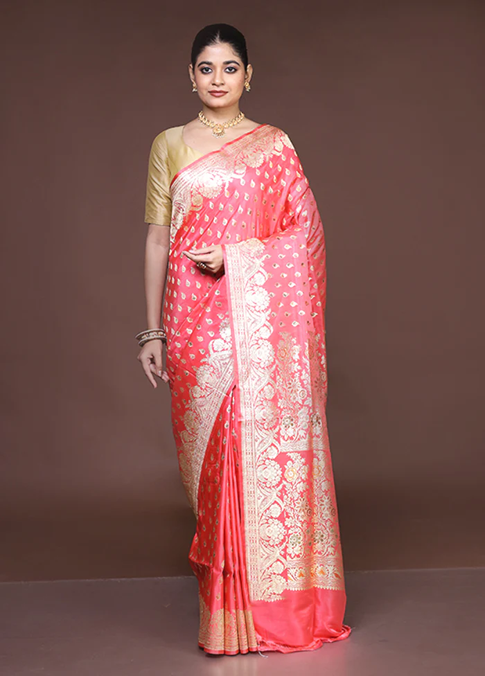 Pink Handloom Banarasi Pure Silk Saree With Blouse Piece - Image 2