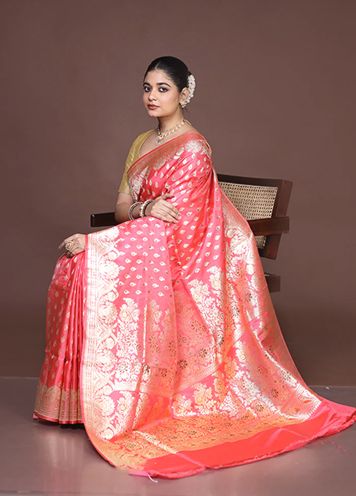 Pink Handloom Banarasi Pure Silk Saree With Blouse Piece - Image 4