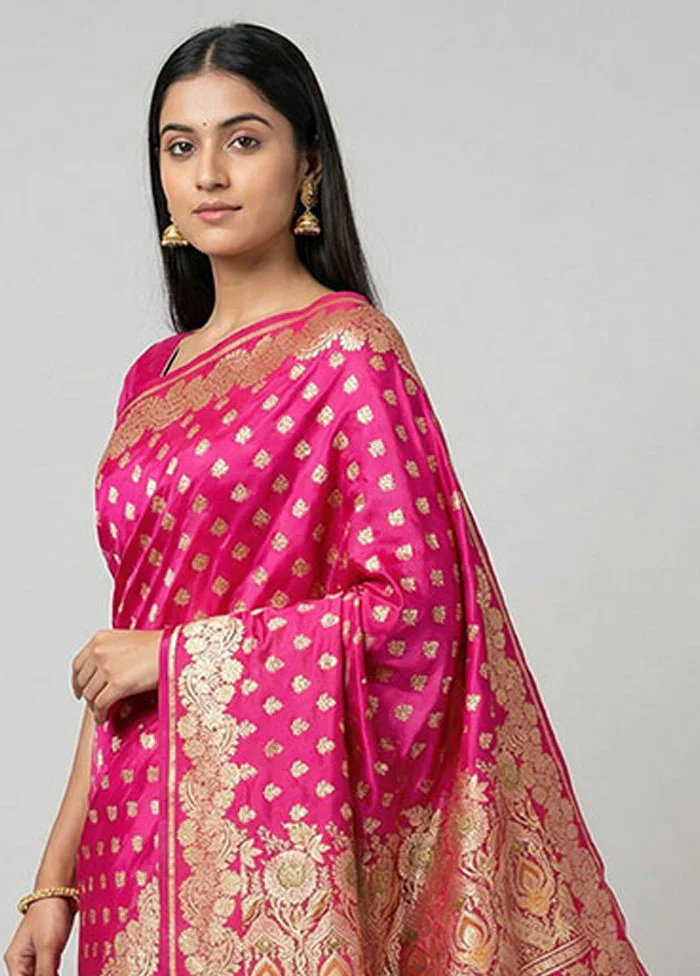Pink Handloom Banarasi Pure Silk Saree With Blouse Piece - Image 2
