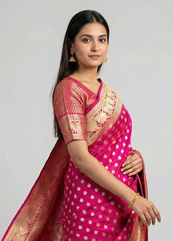 Pink Handloom Banarasi Pure Silk Saree With Blouse Piece - Image 2