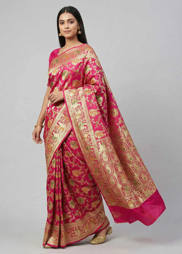 Pink Handloom Banarasi Pure Silk Saree With Blouse Piece