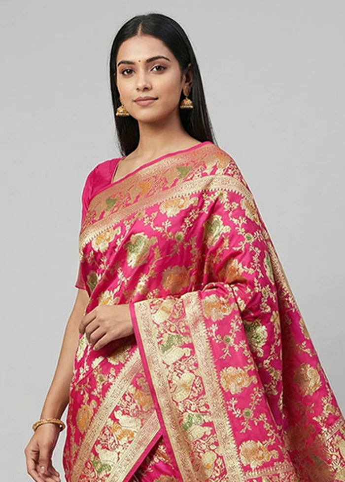 Pink Handloom Banarasi Pure Silk Saree With Blouse Piece - Image 2