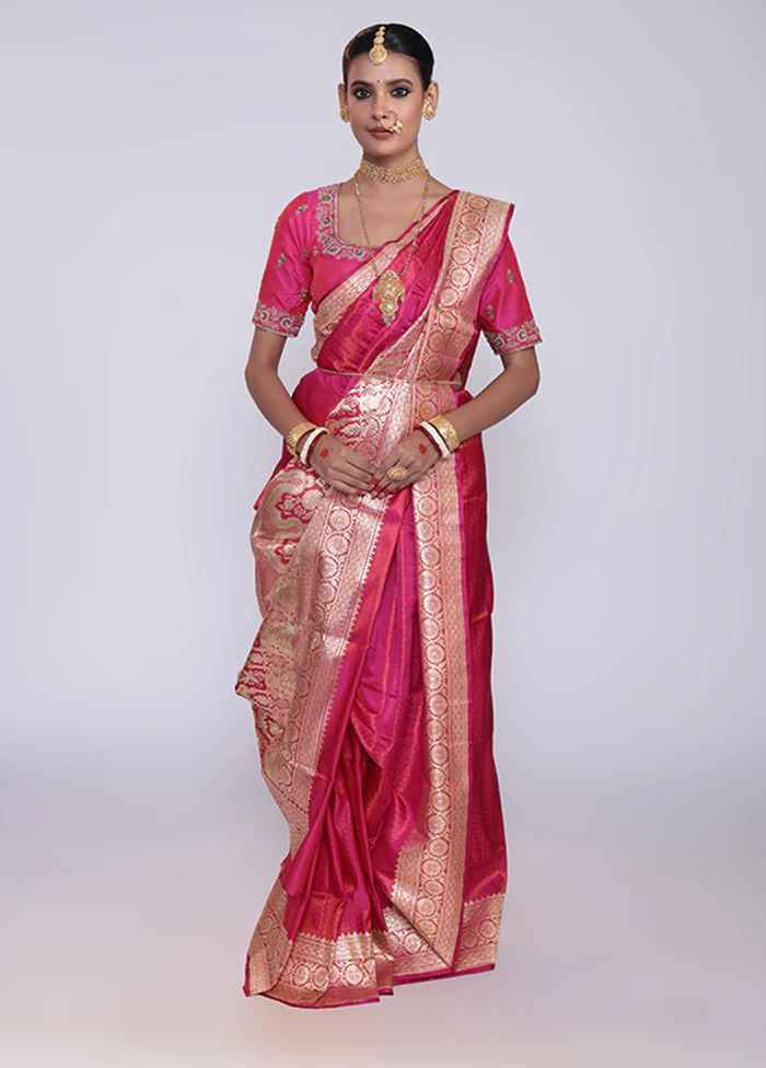 Pink Handloom Banarasi Pure Silk Saree With Blouse Piece