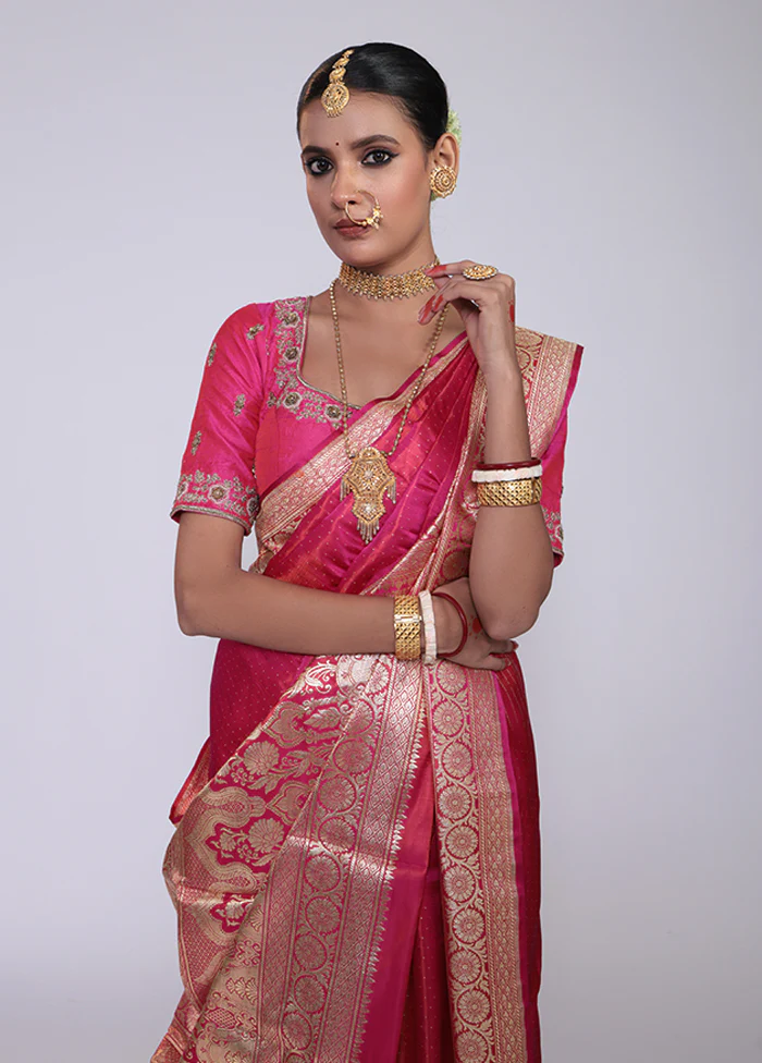 Pink Handloom Banarasi Pure Silk Saree With Blouse Piece - Image 2