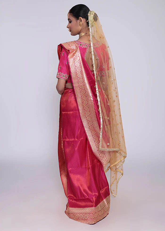 Pink Handloom Banarasi Pure Silk Saree With Blouse Piece - Image 3