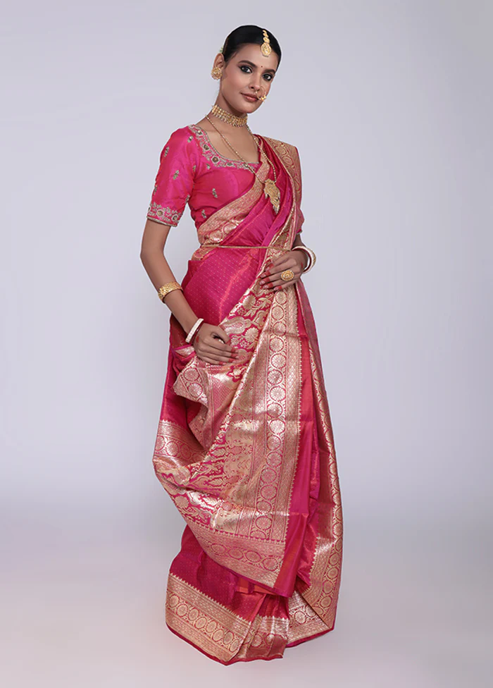 Pink Handloom Banarasi Pure Silk Saree With Blouse Piece - Image 4