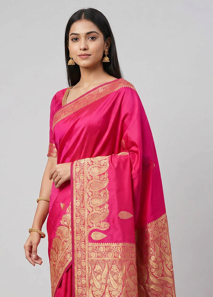 Pink Handloom Banarasi Pure Silk Saree With Blouse Piece - Image 2