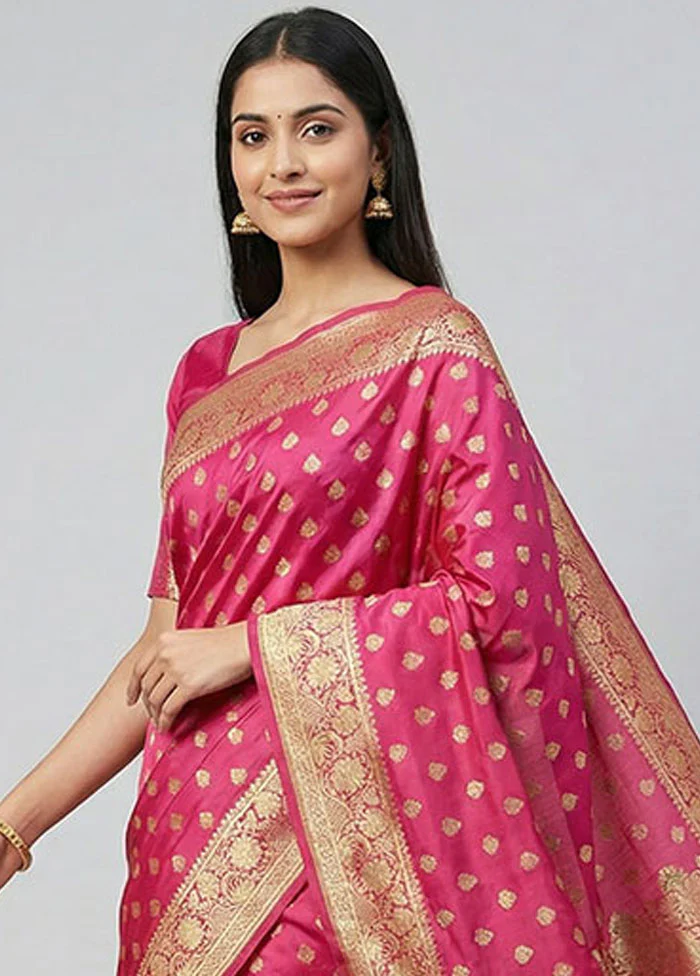Pink Handloom Banarasi Pure Silk Saree With Blouse Piece - Image 2