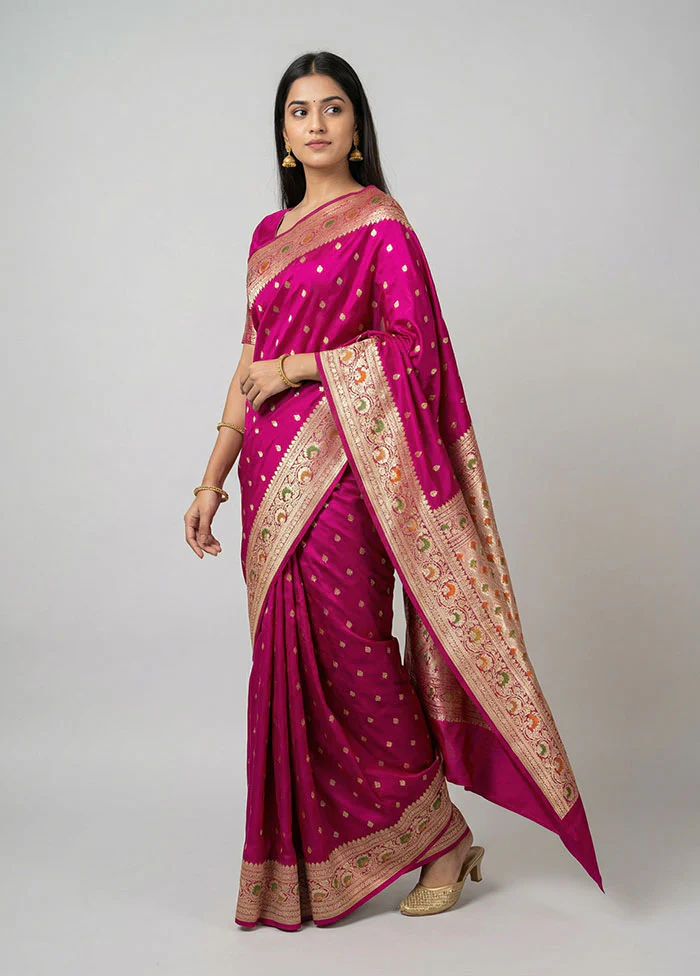 Pink Handloom Banarasi Pure Silk Saree With Blouse Piece