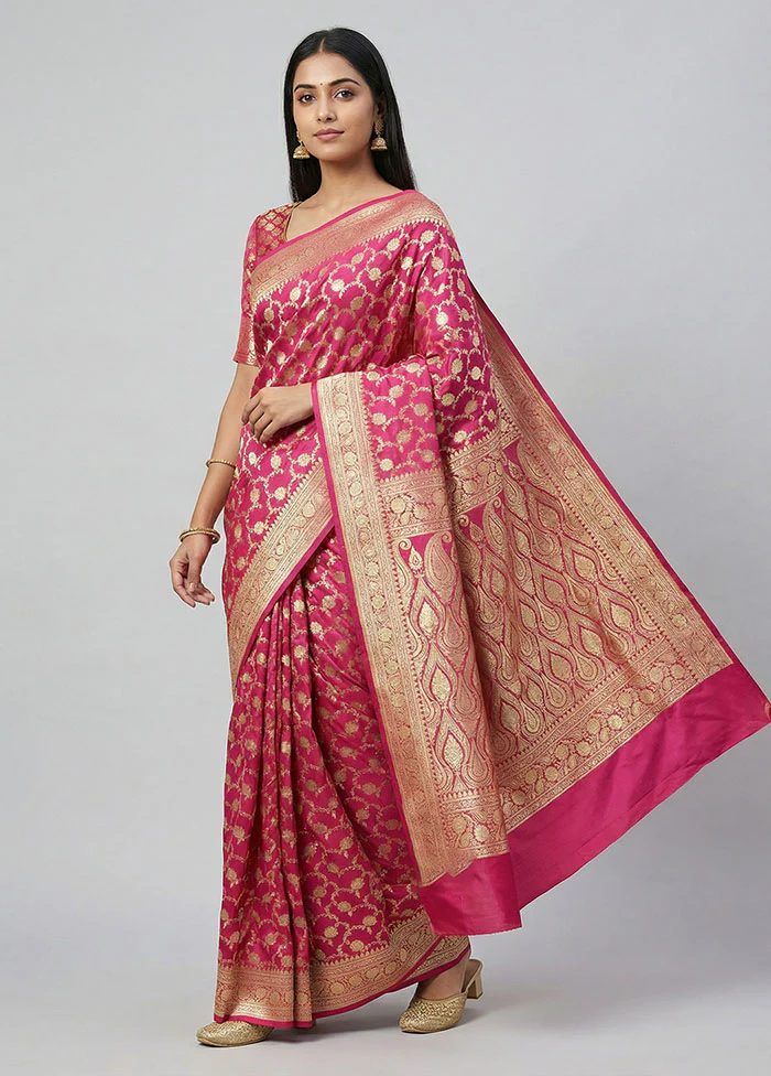 Pink Handloom Banarasi Pure Silk Saree With Blouse Piece