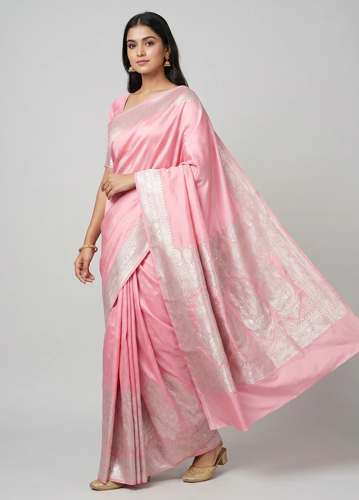 Pink Handloom Banarasi Pure Silk Saree With Blouse Piece