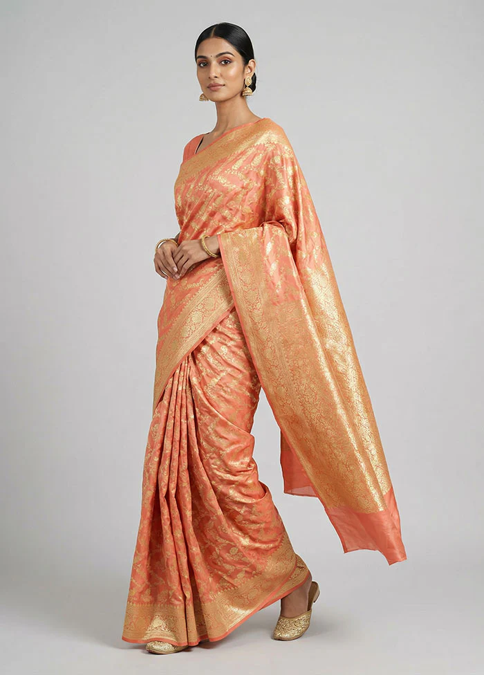 Pink Handloom Banarasi Pure Silk Saree With Blouse Piece