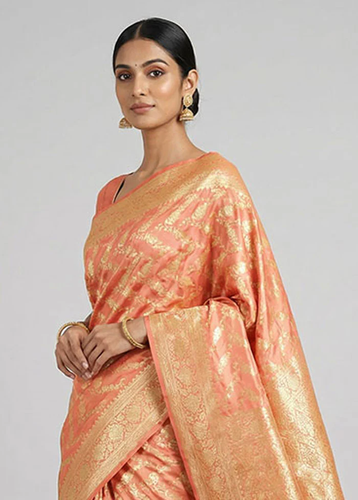 Pink Handloom Banarasi Pure Silk Saree With Blouse Piece - Image 2