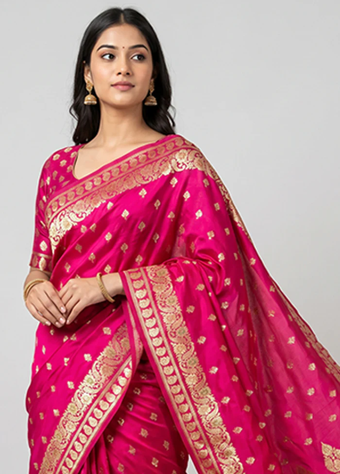 Pink Handloom Banarasi Pure Silk Saree With Blouse Piece - Image 2