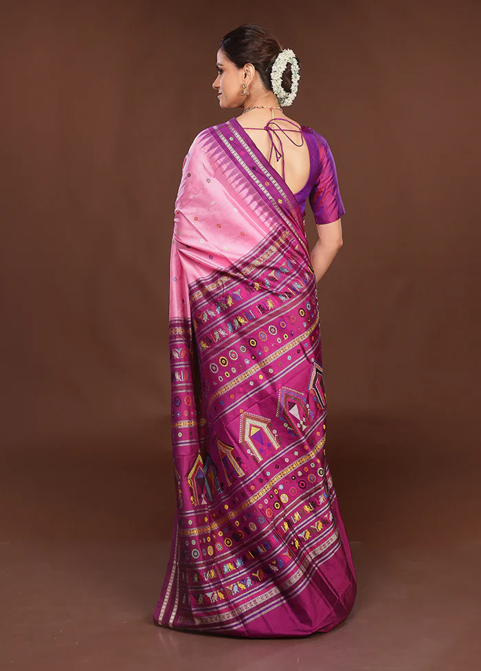 Pink Handloom Bomkai Pure Silk Saree With Blouse Piece - Image 3