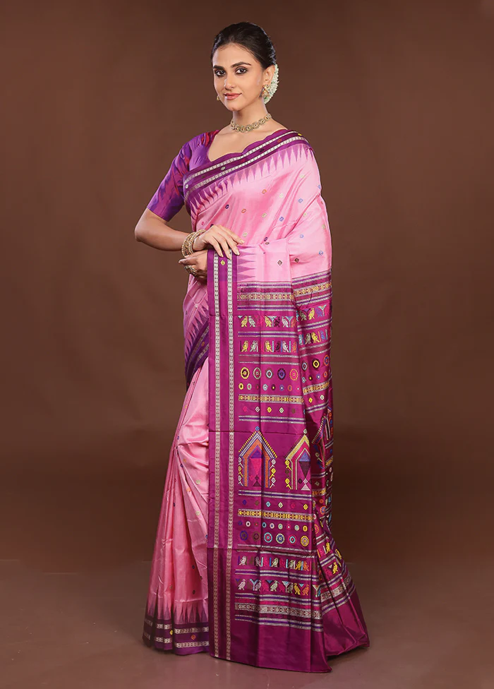 Pink Handloom Bomkai Pure Silk Saree With Blouse Piece - Image 4