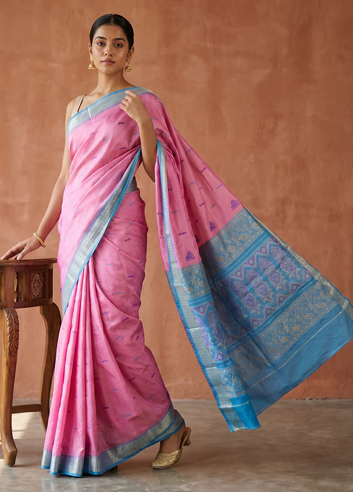 Pink Handloom Bomkai Pure Silk Saree With Blouse Piece