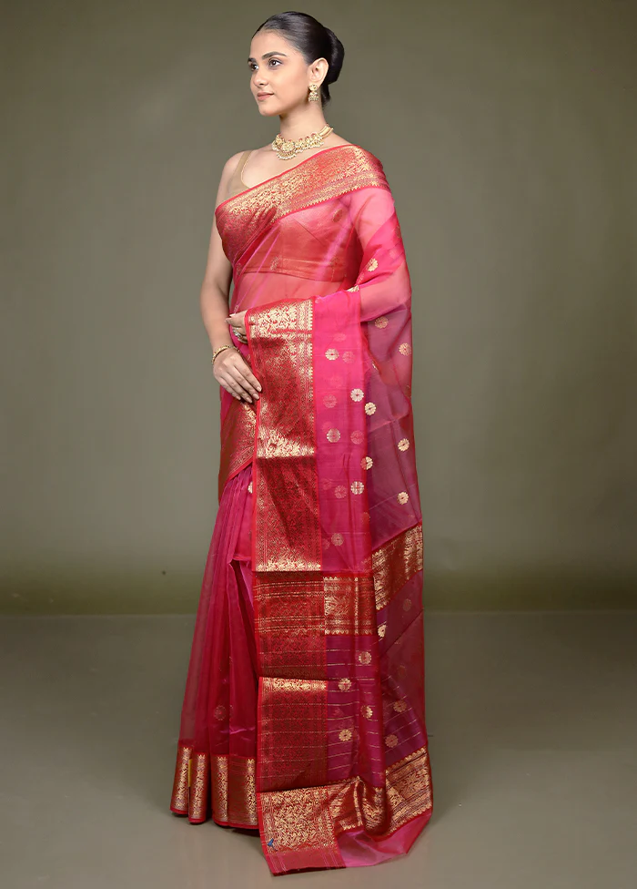 Pink Handloom Chanderi Pure Cotton Saree With Blouse Piece - Image 4
