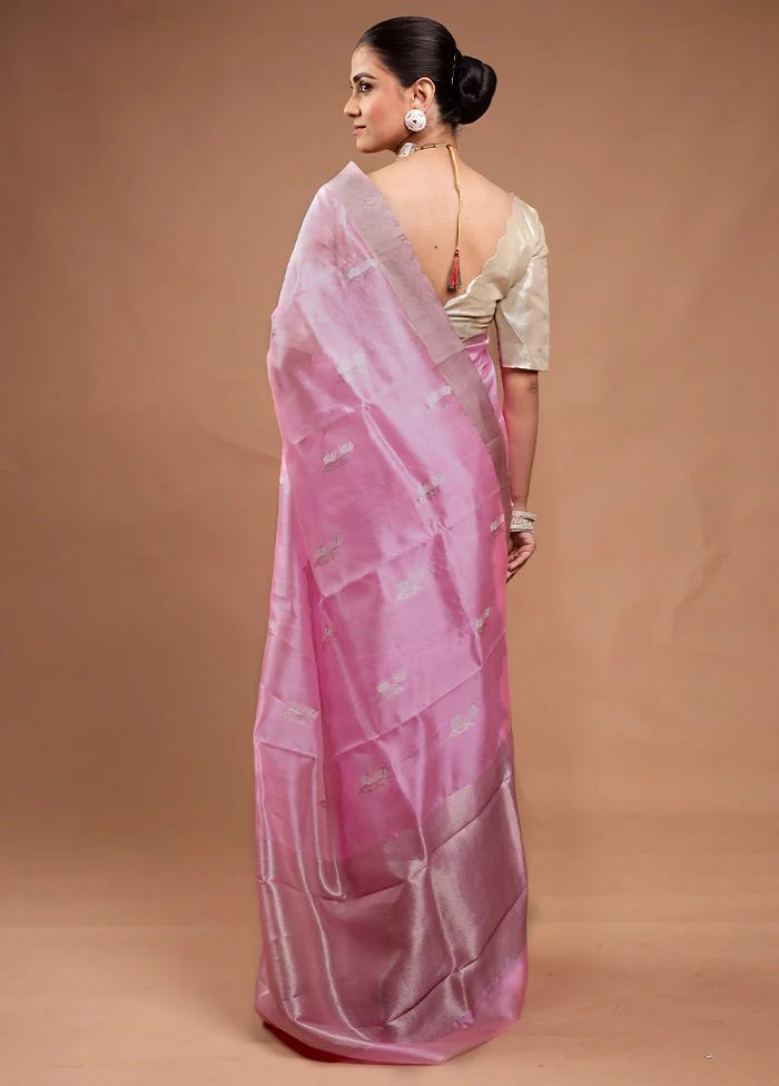 Pink Handloom Chanderi Pure Cotton Saree With Blouse Piece - Image 3