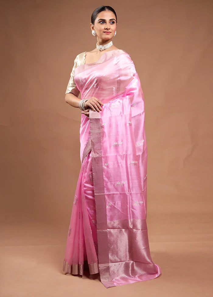 Pink Handloom Chanderi Pure Cotton Saree With Blouse Piece - Image 4