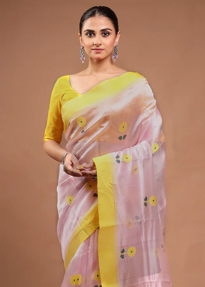 Pink Handloom Chanderi Pure Cotton Saree With Blouse Piece - Image 2