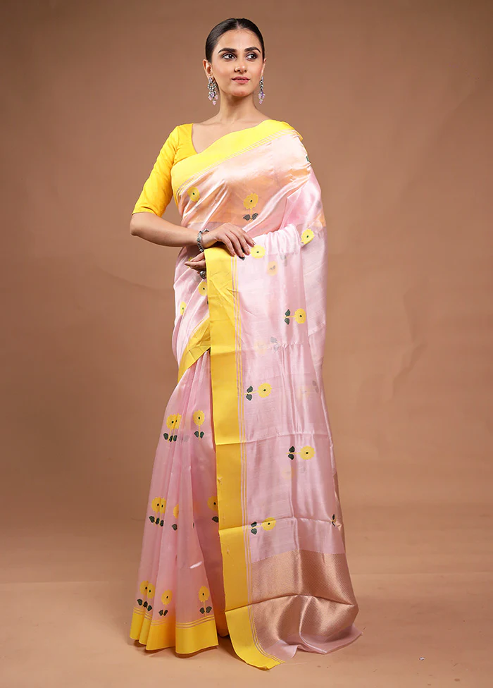 Pink Handloom Chanderi Pure Cotton Saree With Blouse Piece - Image 4
