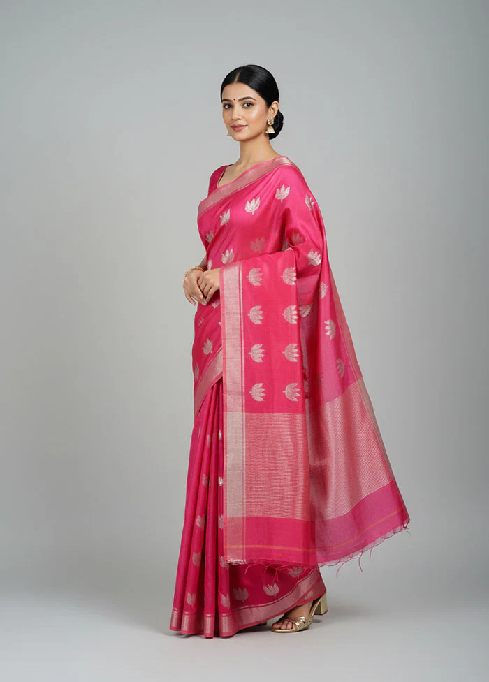 Pink Handloom Chanderi Pure Silk Saree With Blouse Piece