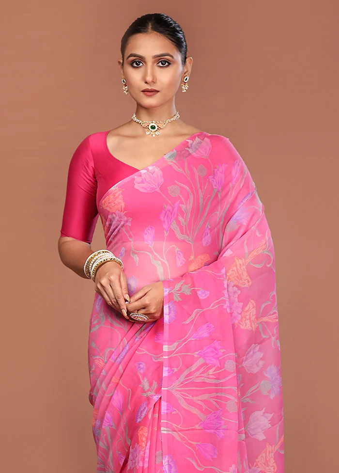 Pink Handloom Chiffon Pure Silk Saree With Blouse Piece