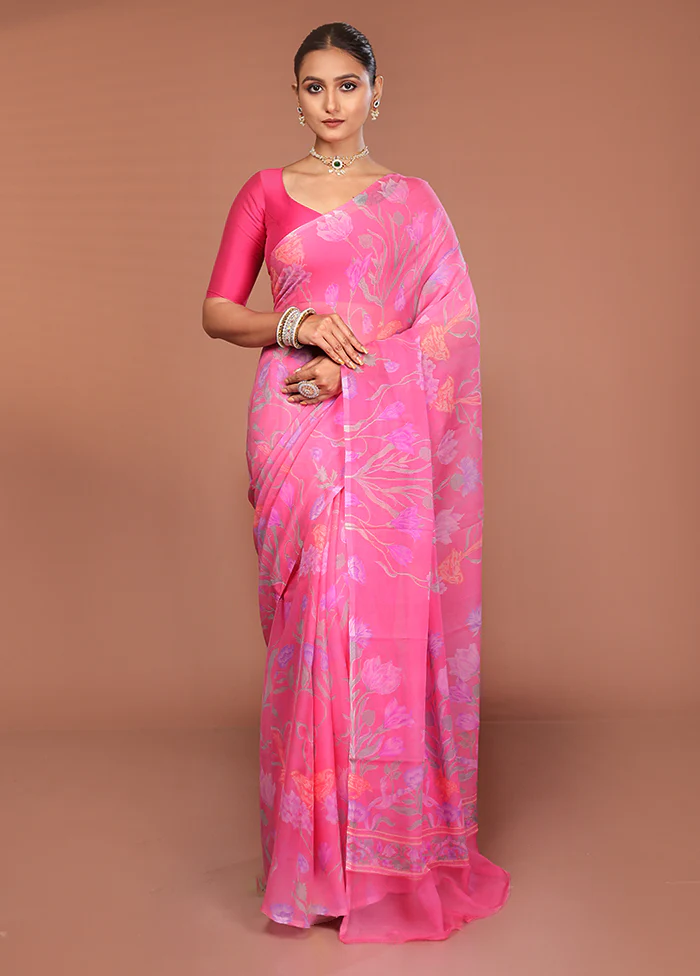 Pink Handloom Chiffon Pure Silk Saree With Blouse Piece - Image 2