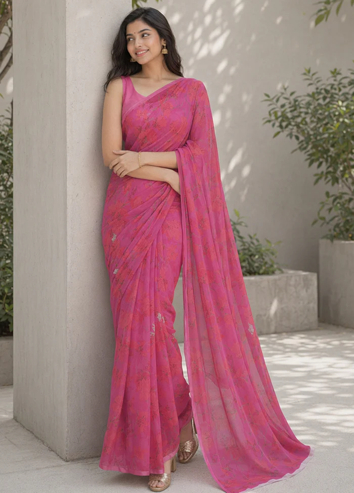 Pink Handloom Chiffon Pure Silk Saree With Blouse Piece - Image 3