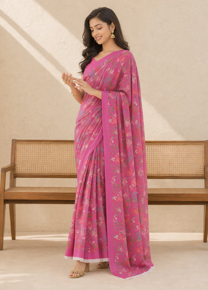 Pink Handloom Chiffon Pure Silk Saree With Blouse Piece - Image 3