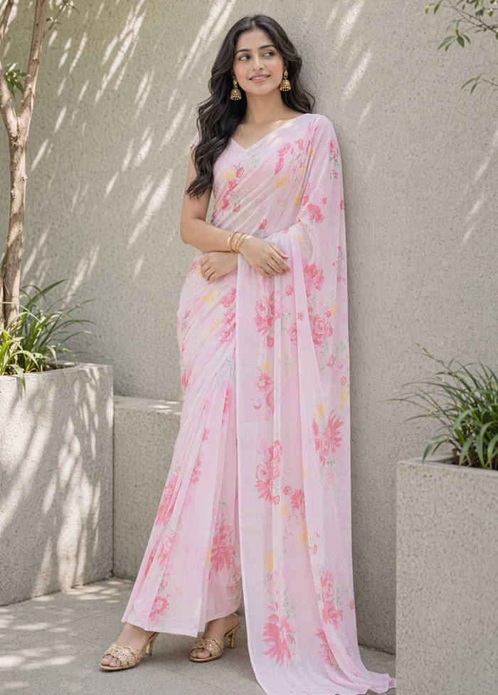 Pink Handloom Chiffon Pure Silk Saree With Blouse Piece - Image 3