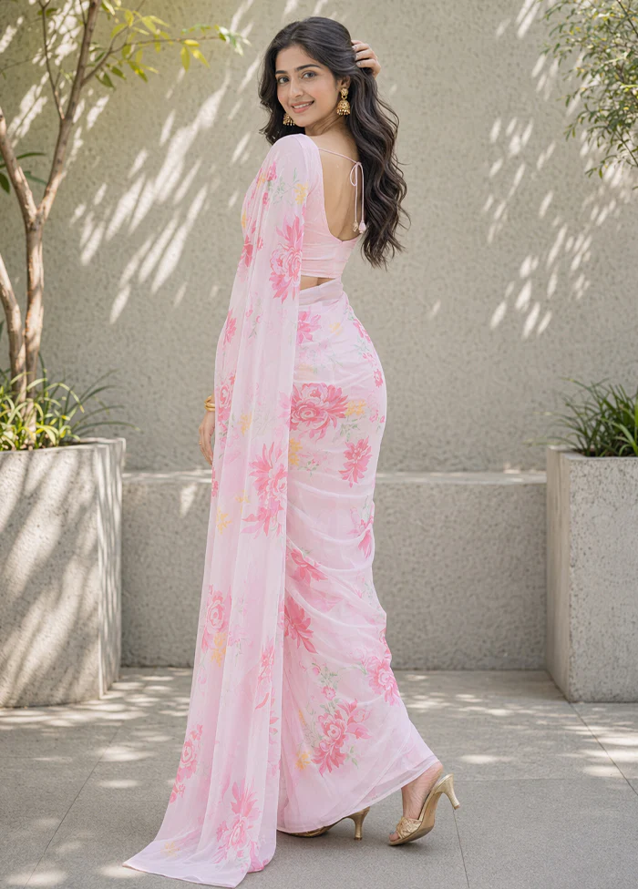 Pink Handloom Chiffon Pure Silk Saree With Blouse Piece - Image 4