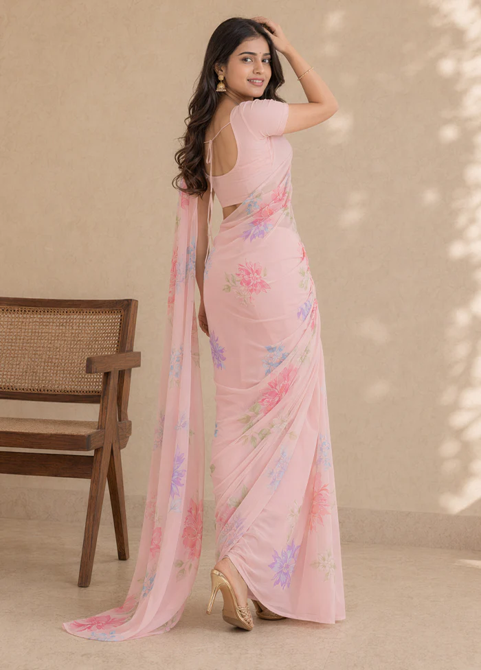 Pink Handloom Chiffon Pure Silk Saree With Blouse Piece - Image 4