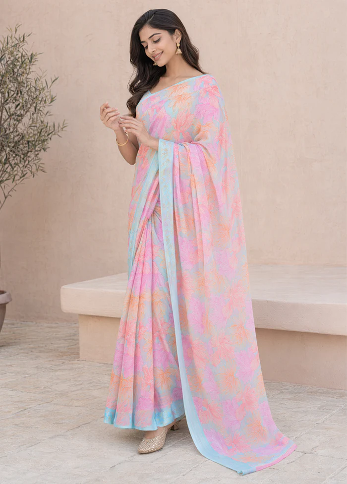 Pink Handloom Chiffon Pure Silk Saree With Blouse Piece - Image 3