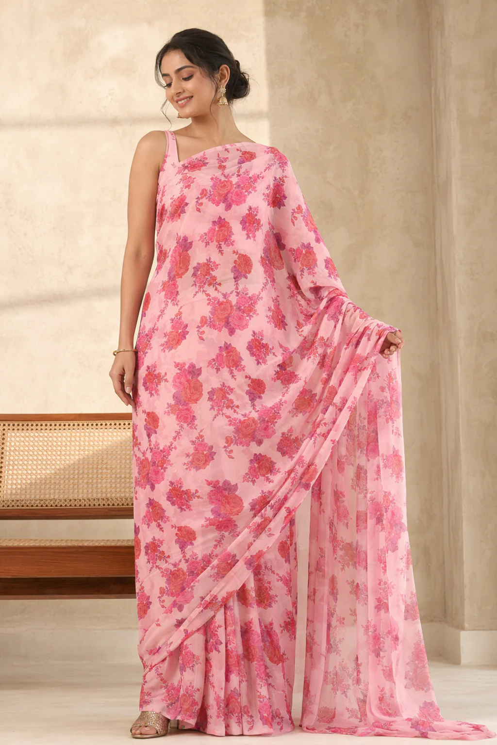 Pink Handloom Chiffon Pure Silk Saree With Blouse Piece