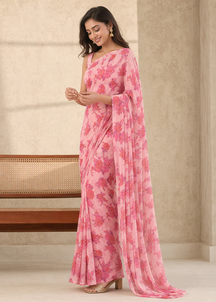Pink Handloom Chiffon Pure Silk Saree With Blouse Piece - Image 3