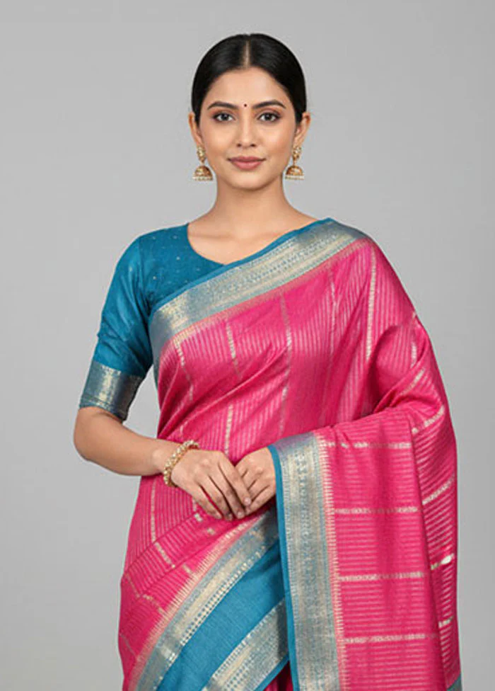 Pink Handloom Dupion Pure Silk Saree With Blouse Piece - Image 2