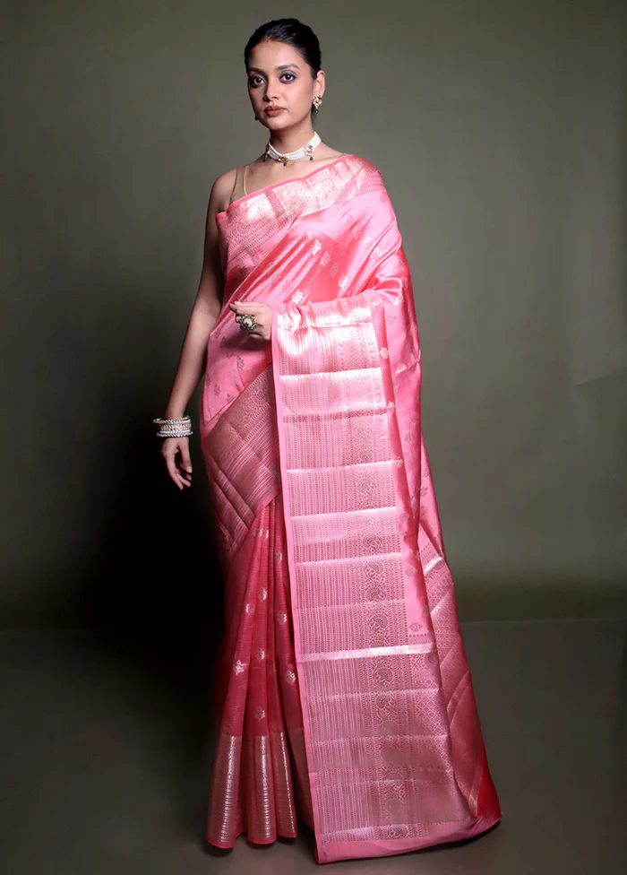 Pink Handloom Dupion Pure Silk Saree With Blouse Piece
