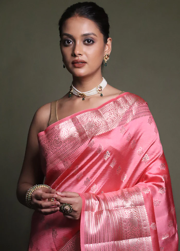 Pink Handloom Dupion Pure Silk Saree With Blouse Piece - Image 2