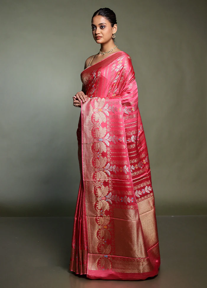 Pink Handloom Dupion Pure Silk Saree With Blouse Piece - Image 4