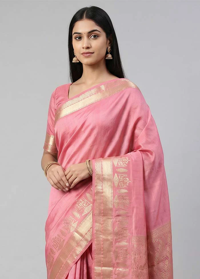 Pink Handloom Dupion Pure Silk Saree With Blouse Piece - Image 2