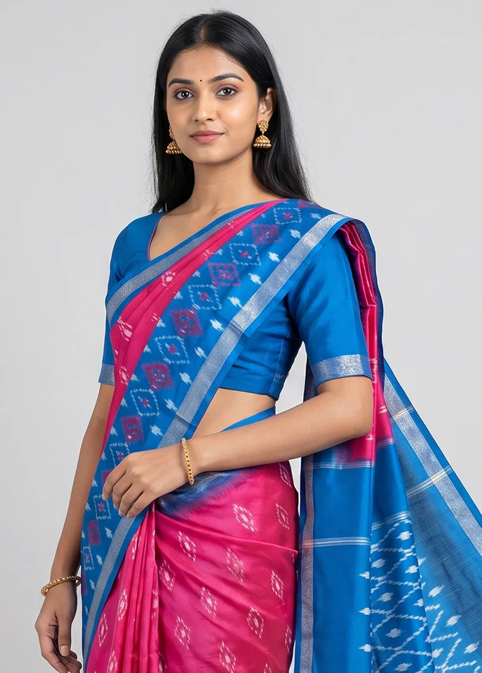Pink Handloom Ikkat Pure Silk Saree With Blouse Piece - Image 2