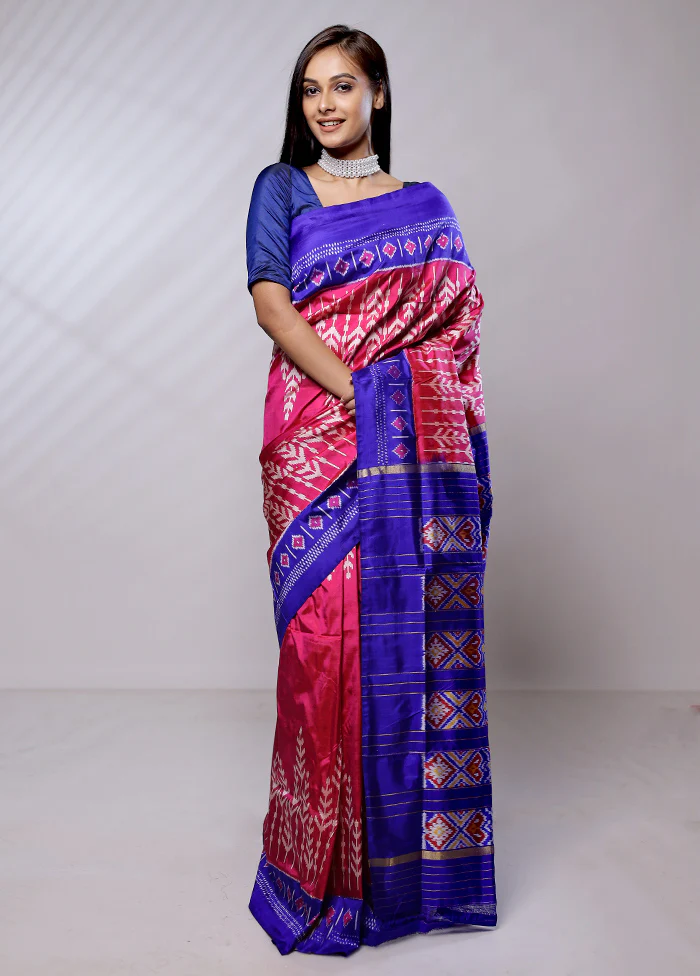 Pink Handloom Ikkat Pure Silk Saree With Blouse Piece - Image 2