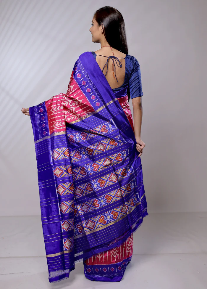 Pink Handloom Ikkat Pure Silk Saree With Blouse Piece - Image 3