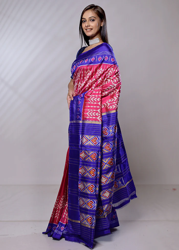 Pink Handloom Ikkat Pure Silk Saree With Blouse Piece - Image 4
