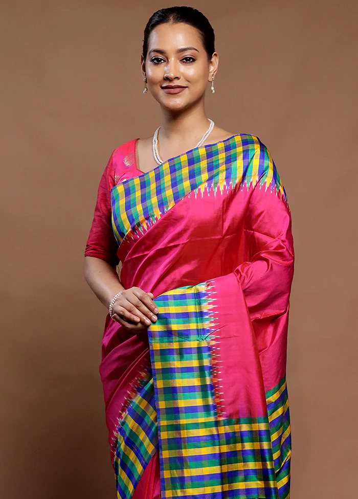 Pink Handloom Ikkat Pure Silk Saree With Blouse Piece - Image 2