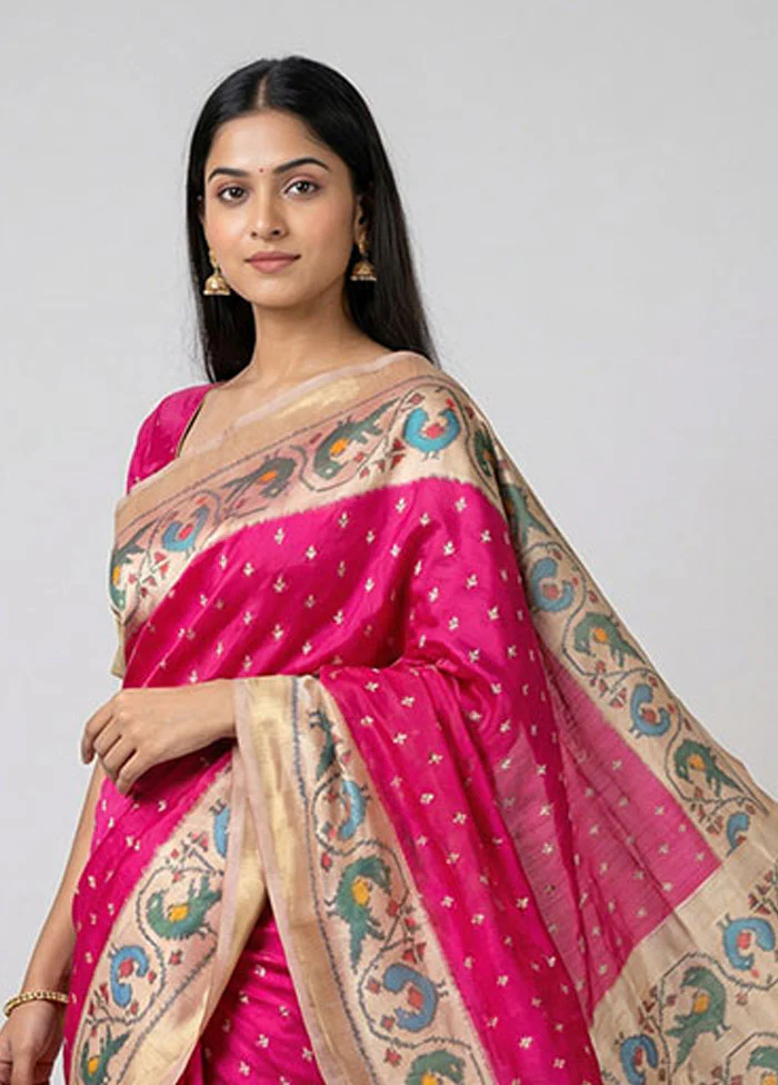 Pink Handloom Ikkat Pure Silk Saree With Blouse Piece - Image 2