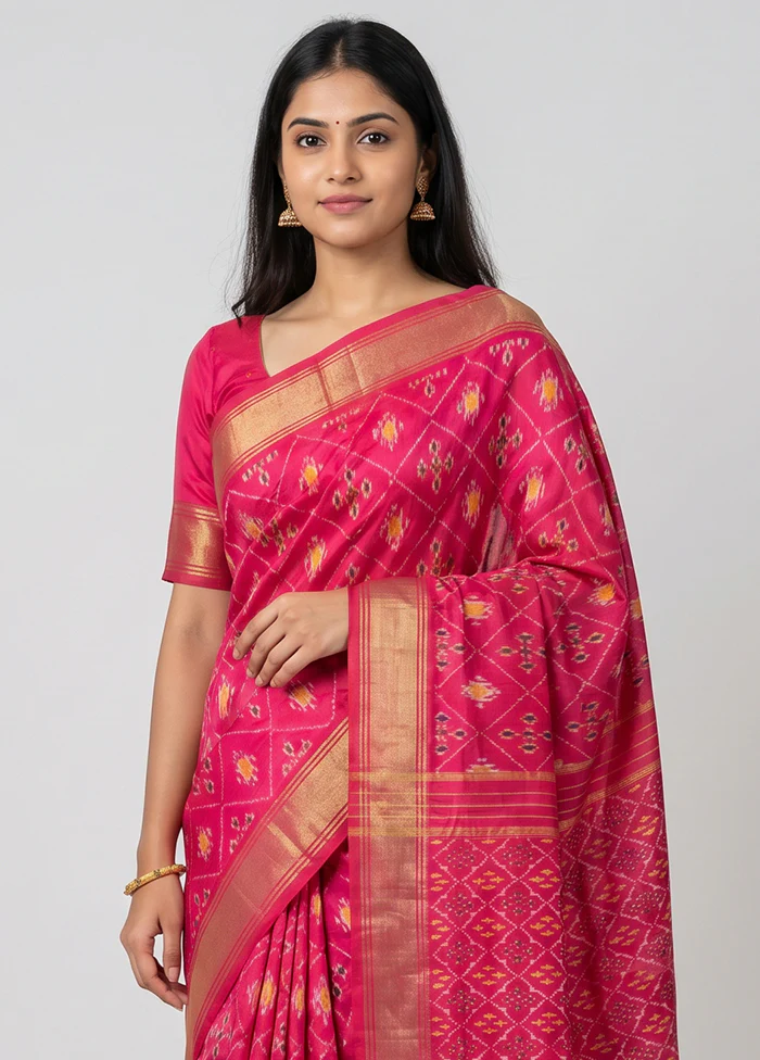 Pink Handloom Ikkat Pure Silk Saree With Blouse Piece - Image 2