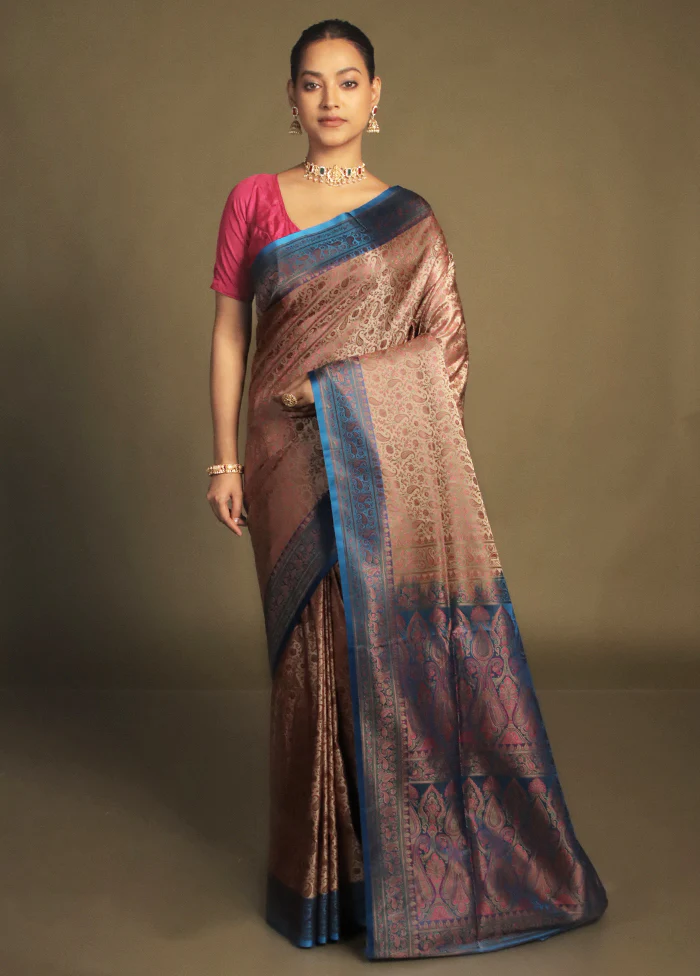 Pink Handloom Jamewar Pure Silk Saree With Blouse Piece